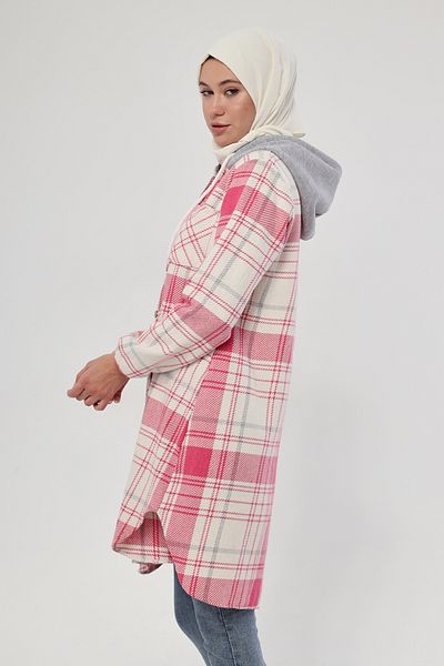 Giyim Gezegeni Pink Single Pocket Combed Cotton Hat Hooded Women's Lumberjack Tunic Shirt Sleeve Elastic