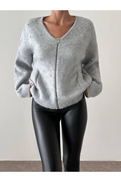 My Blog Cardigan gri cu fermoar cu mini pietre multiple-4514