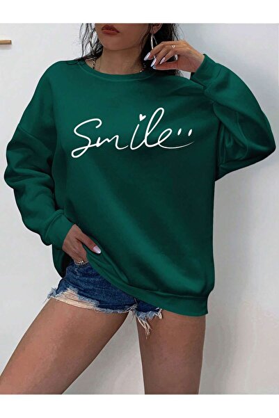 Mythologie Smile Face Thick Winter Sweatshirt - Nefti Green Printed Oversized...