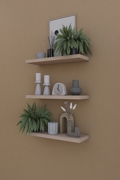 Dienni Dekoratif 3'lü Uçan Duvar Rafı, Gizli Bağlantılı Raf, Aksesuar Rafı Masif 35x12x2 Cm