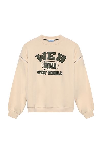 Quzu Beige Sweatshirt - Zipped Sleeve and Text Printed