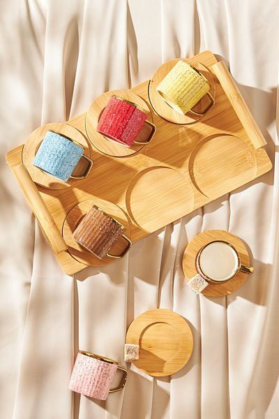 Karaca Set cești de cafea colorate pentru 6 persoane cu tavă din bambus cadou 90 ml