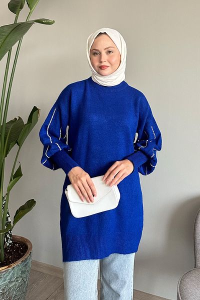 InStyle Pearl Blue Knitwear Sweater with Rows on Sleeves
