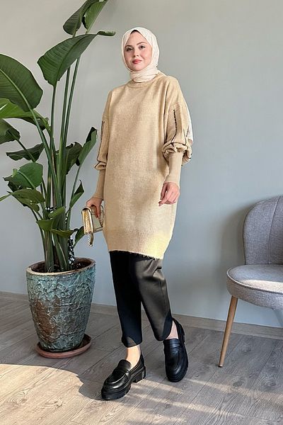 InStyle Pulover de tricotaj bej perlat cu rânduri de mâneci