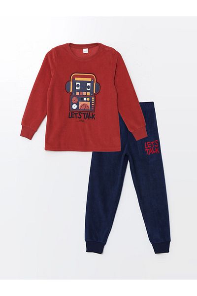 LC Waikiki Crew Neck Embroidered Long Sleeve Fleece Boys' Pajama Set
