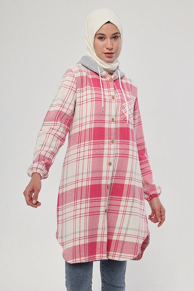 Giyim Gezegeni Pink Single Pocket Combed Cotton Hat Hooded Women's Lumberjack Tunic Shirt Sleeve Elastic