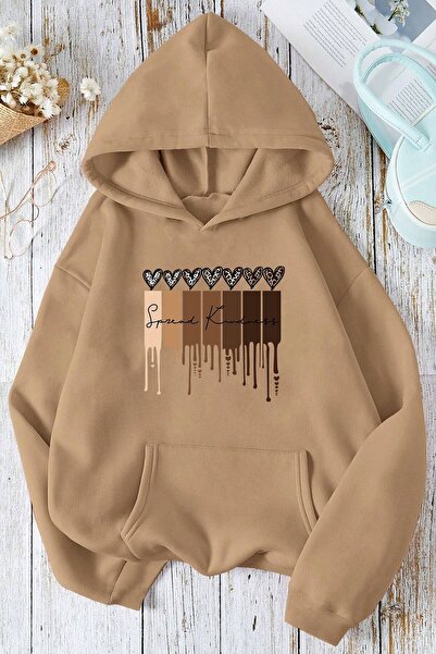 coolart Φούτερ Ευγένειας - Μπεζ με στάμπα, Υπερμεγέθης, Φούτερ με κουκούλα