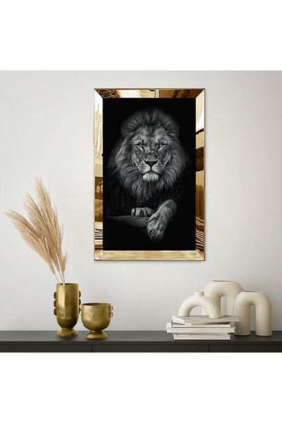 Zevahir Mobilya Dekorasyon Ασπρόμαυρο Noble Lion Μονό Τραπέζι MDF με χρυσό καθρέφτη από πλεξιγκλάς κορνίζα και μαύρο φόντο