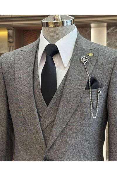 TerziAdemAltun Men's Slim Fit Italian Style Suit - Jacket, Vest, Trousers Brown T11018