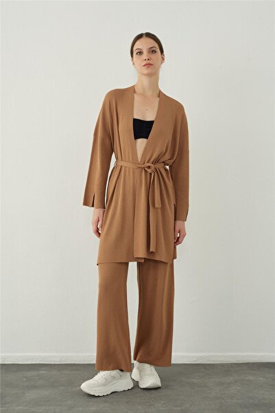 SHERIN Camel Tube Leg Basic Knitwear Trousers