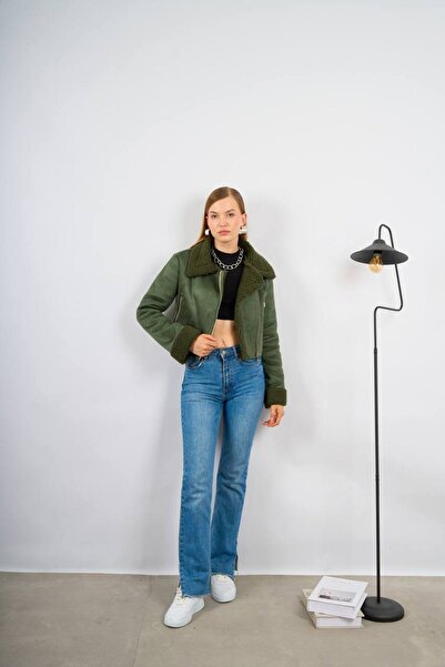 İLKCET MODA Women's Suede Collar Furry Short Coat