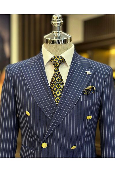 TerziAdemAltun Italian style double-breasted jacket pants suit Navy blue T9939