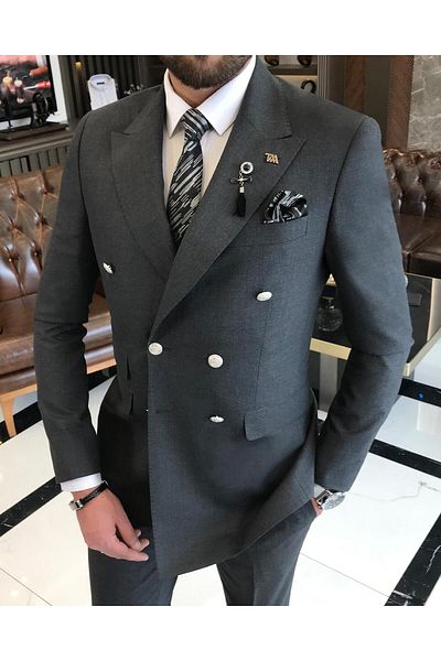TerziAdemAltun Italian Style Double-breasted Jacket Trousers Suit Anthracite T4345