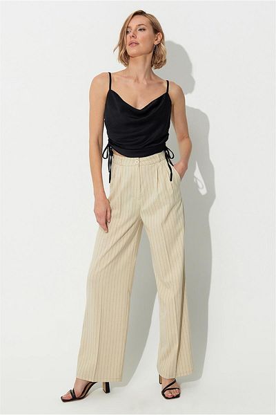 SHERIN Ecru Striped Wide Leg Pleated Fabric Trousers