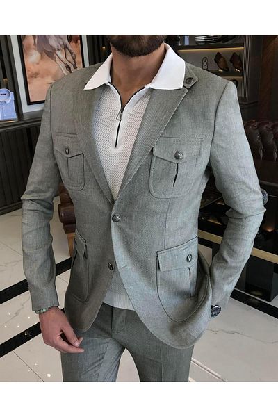 TerziAdemAltun Khaki Safari Jacket and Trousers Set - Linen and Cotton Blend, Slim Fit, Italian Style T9574