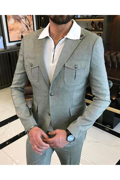 TerziAdemAltun Khaki Safari Jacket and Trousers Set - Linen and Cotton Blend, Slim Fit, Italian Style T9574