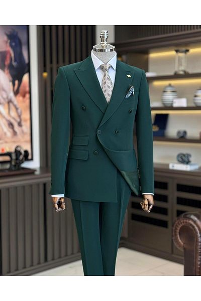 TerziAdemAltun Green Slim Fit Italian Style Double Breasted Jacket and Pants Set - T10280