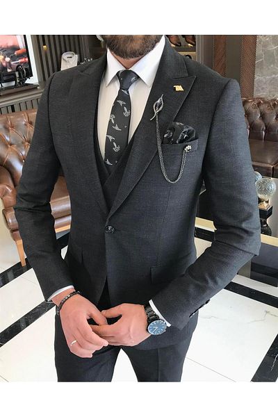 TerziAdemAltun Italian style slim fit men's jacket vest pants suit black T9529