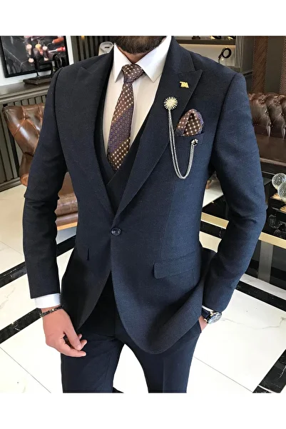 TerziAdemAltun Italian style slim fit men's jacket vest pants suit navy blue T9525