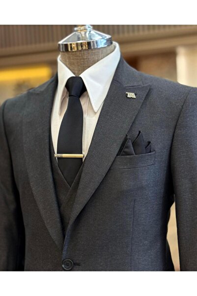 TerziAdemAltun Anthracite Italian Style Slim Fit Jacket Vest and Trousers Set - T9955