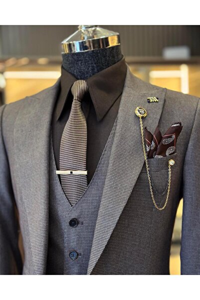 TerziAdemAltun Olasz stílusú kabát mellény nadrág férfi öltöny barna T11120