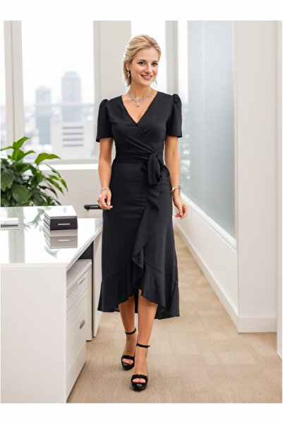 MEKs   Women's Double Breasted Collar Midi Length Belted Crepe Dress 120 Cm