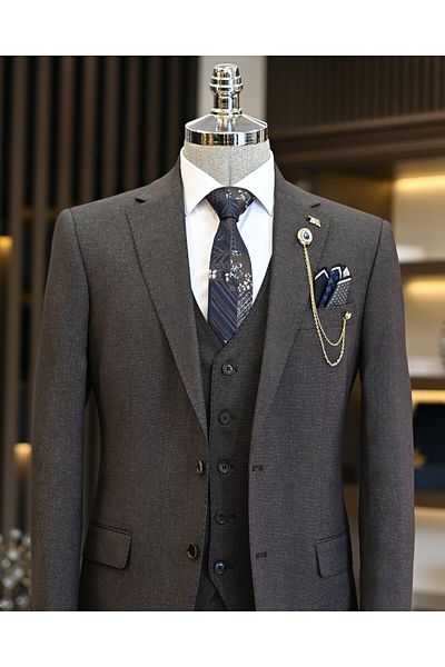 TerziAdemAltun Men's Suit - Brown, Classic Fit, Jacket, Vest and Pants T11108