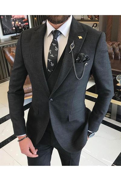 TerziAdemAltun Italian style slim fit men's jacket vest pants suit black T9529