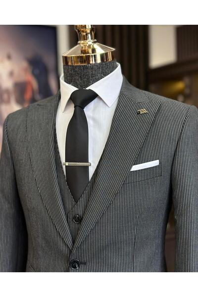 TerziAdemAltun Italian style striped jacket vest pants suit anthracite T10728