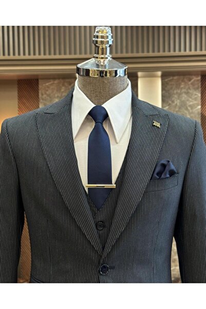 TerziAdemAltun Navy Italian Style Striped Suit - Jacket, Vest and Trousers T10729
