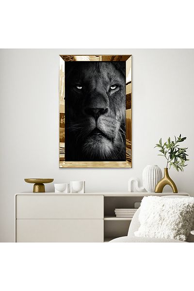 Zevahir Mobilya Dekorasyon Μαύρο και άσπρο Τραπέζι Lion Single MDF με κορνίζα από πλεξιγκλάς με χρυσό καθρέφτη