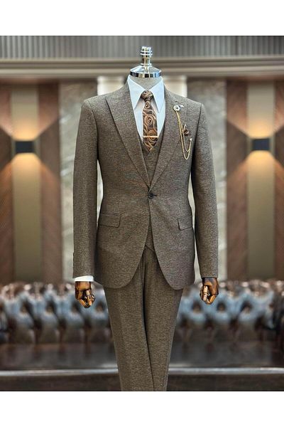 TerziAdemAltun Brown Slim Fit Italian Style Dress - Jacket, Vest and Pants Set T9953