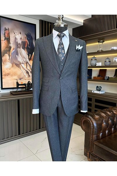 TerziAdemAltun Italian style jacket vest pants men's suit black T11121