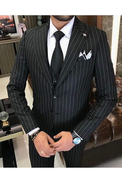 TerziAdemAltun Italian style striped jacket vest pants suit Black T9928