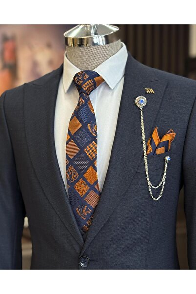 TerziAdemAltun Navy Blue Slim Fit Italian Style Jacket Vest Trousers Set - T10335