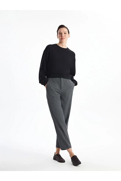 LC Waikiki Pantaloni de damă LCWAIKIKI, clasici, negri, cu imprimeu în carouri, cu talie elastică