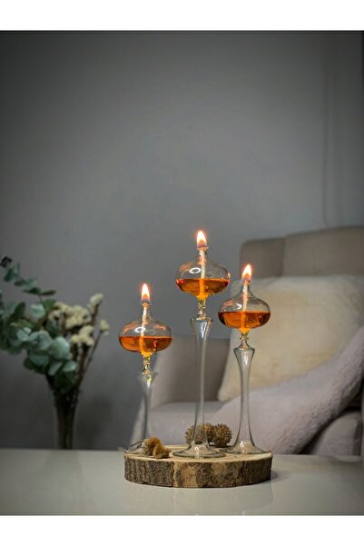 Shabbo Glass Elips Şamdan Cam Kandil 3lü Set Amber Hediyelik Dekoratif Aksesuar