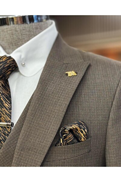 TerziAdemAltun Men's Slim Fit Italian Style Jacket Vest Pants Set - Brown T10786