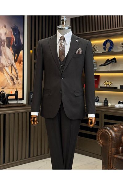 TerziAdemAltun Men's Suit - Brown, Classic Fit, Jacket, Vest and Trousers T11102