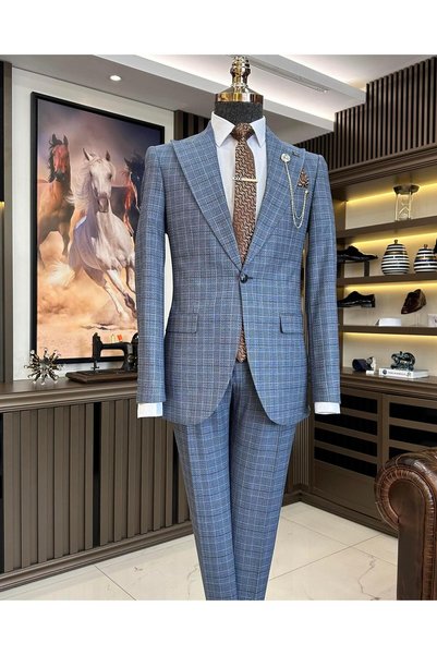 TerziAdemAltun Italian style plaid jacket pants suit blue T10723