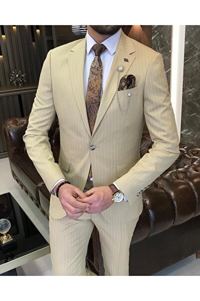TerziAdemAltun Italian Style Slim Fit Striped Men Jacket Pants Suit Camel T8671
