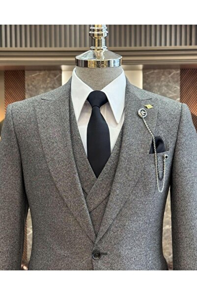 TerziAdemAltun Men's Slim Fit Italian Style Suit - Jacket, Vest, Trousers Brown T11018