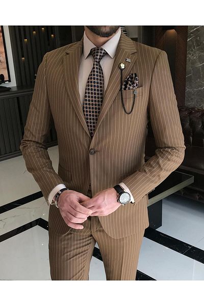 TerziAdemAltun Italian Style Slim Fit Striped Men's Jacket Pants Suit Brown T7193