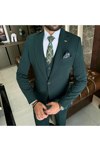 TerziAdemAltun Green Slim Fit Italian Style 8 Drop Jacket and Vest Pants Set - T10308