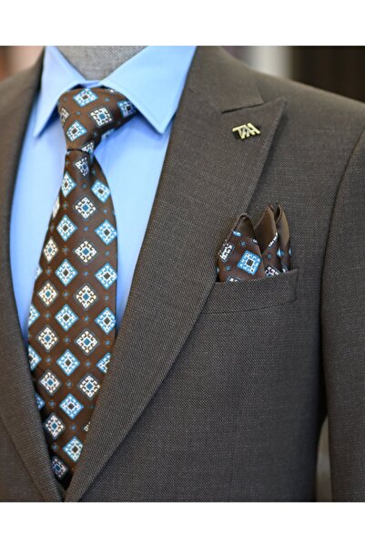 TerziAdemAltun Ανδρικό Slim Fit Σετ Μπουφάν και Γιλέκο Ιταλικού Στιλ - Καφέ T11021