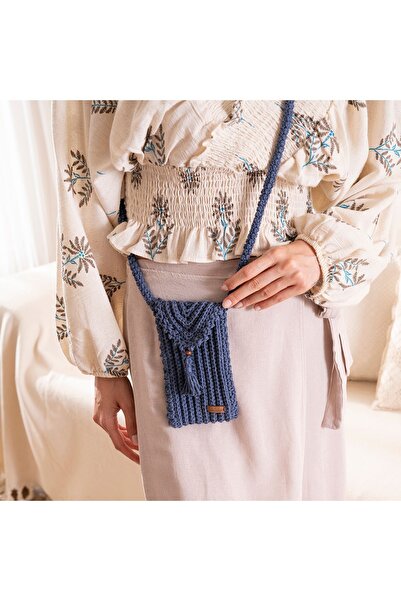 Hilaliart Kot RengiKlasik El Örgüsü Püsküllü Cep Telefonu Çantası-Denim El Ör...