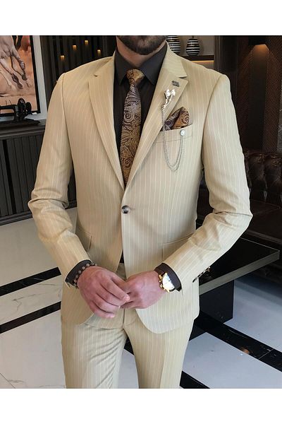 TerziAdemAltun Stil italian Slim Fit cu dungi pentru bărbați, jachetă, pantaloni, costum Camel T8671