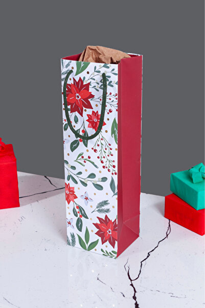 Sarkap Home Özel Tasarım Kırmızı Çiçek Desenli Hediyelik Karton Çanta