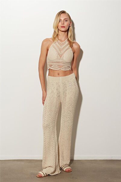 SHERIN Ecru High Waist Openwork Knitwear Trousers