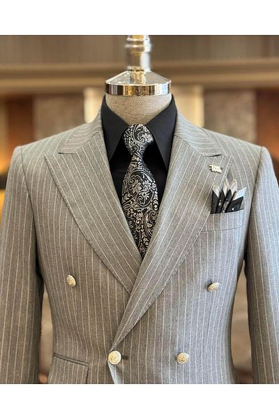 TerziAdemAltun Italian Style Gray Double Breasted Jacket and Pants Set - 8 Drop Stripes T10706